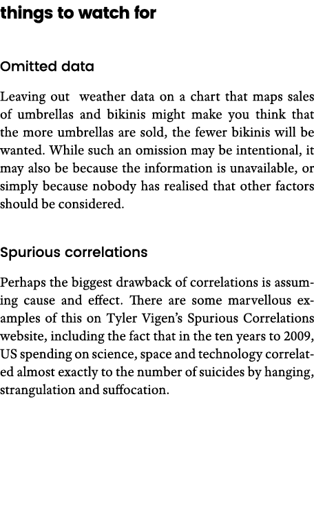 things to watch for Omitted data Leaving out weather data on a chart that maps sales of umbrellas and bikinis might m   