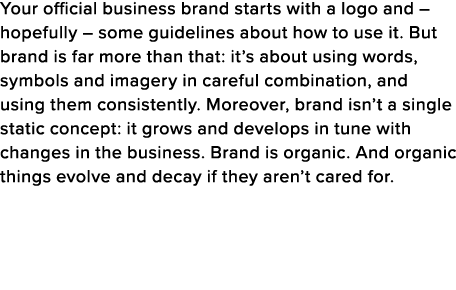 Your official business brand starts with a logo and   hopefully   some guidelines about how to use it  But brand is f   