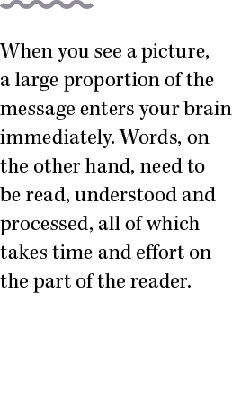 When you see a picture, a large proportion of the message enters your brain immediately  Words, on the other hand, ne   