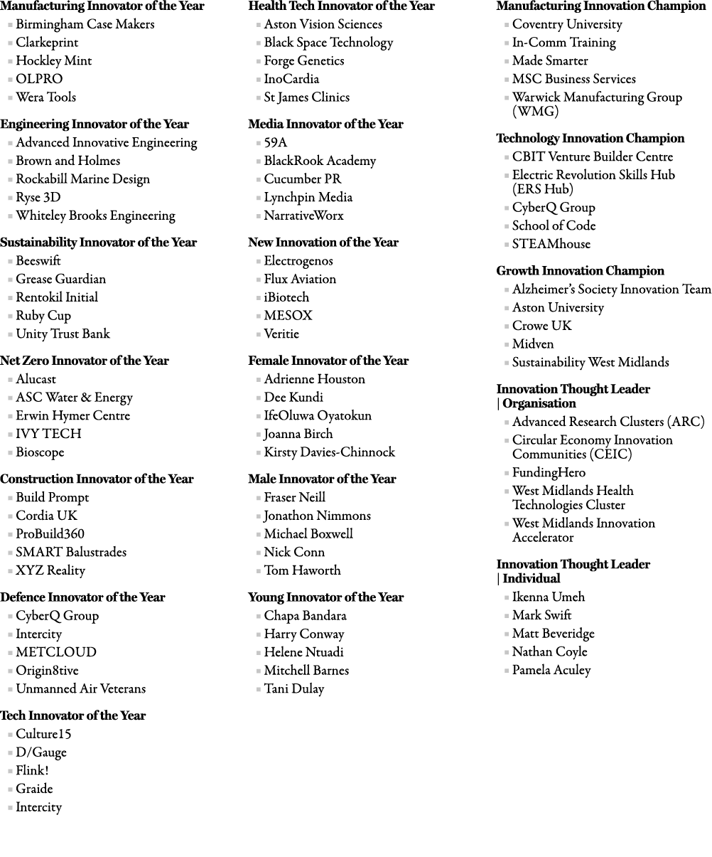 Manufacturing Innovator of the Year ■ Birmingham Case Makers ■ Clarkeprint ■ Hockley Mint ■ OLPRO ■ Wera Tools Engine...