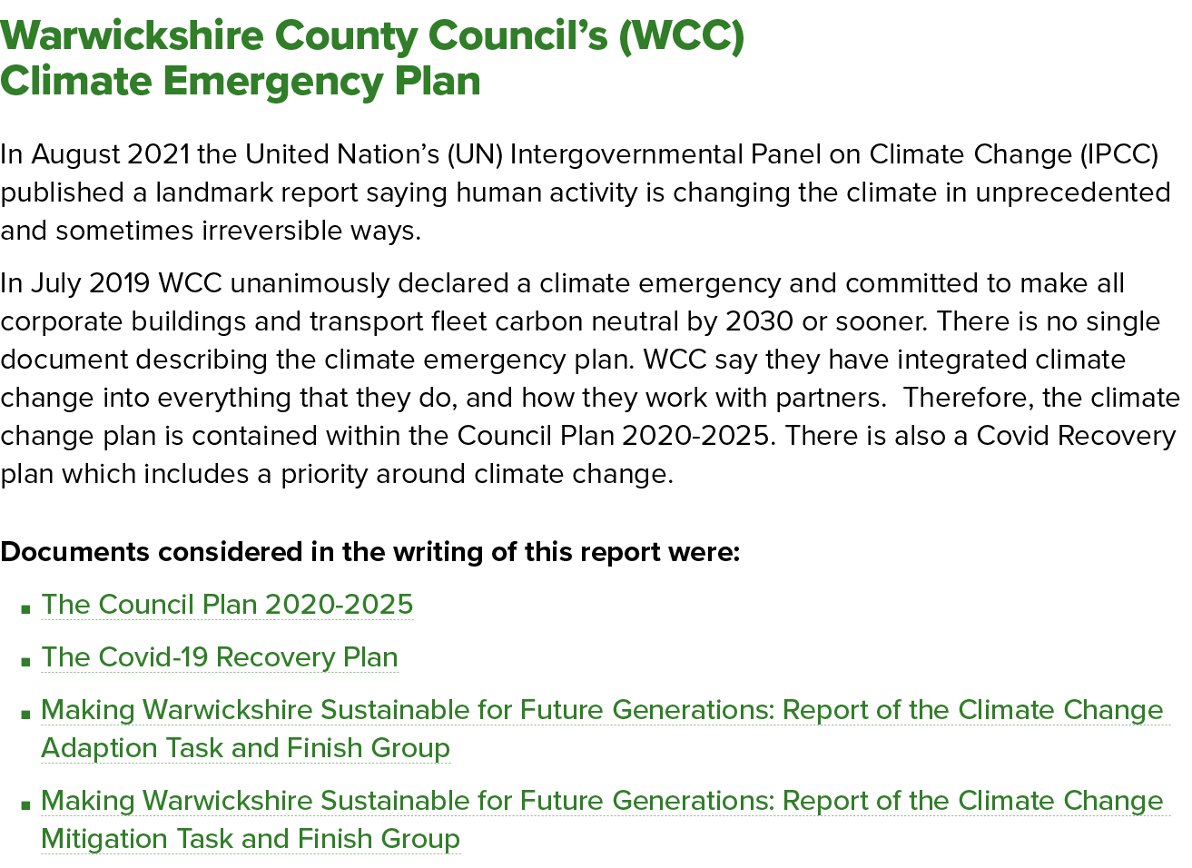 Warwickshire County Council s (WCC) Climate Emergency Plan In August 2021 the United Nation s (UN) Intergovernmental    