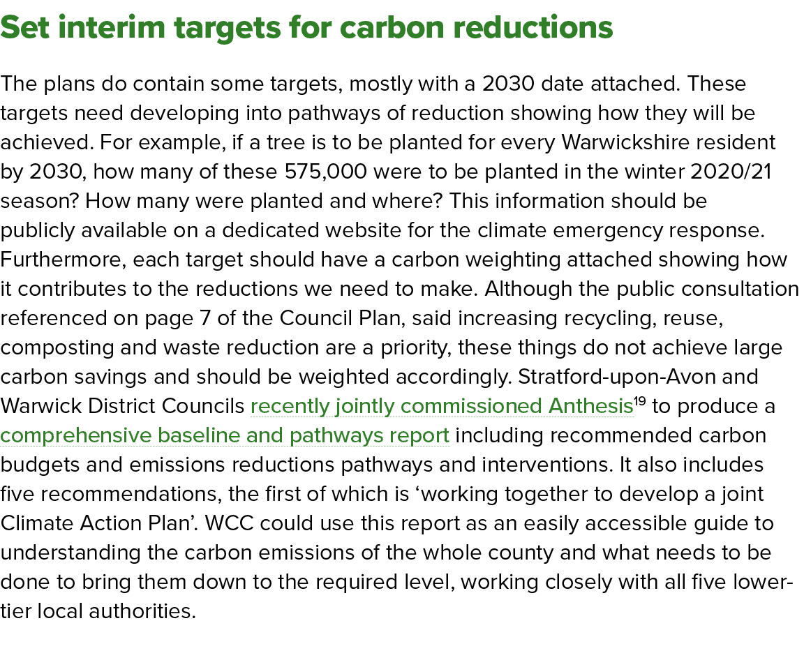Set interim targets for carbon reductions The plans do contain some targets, mostly with a 2030 date attached  These    