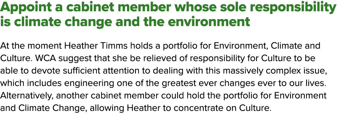 Appoint a cabinet member whose sole responsibility is climate change and the environment At the moment Heather Timms    