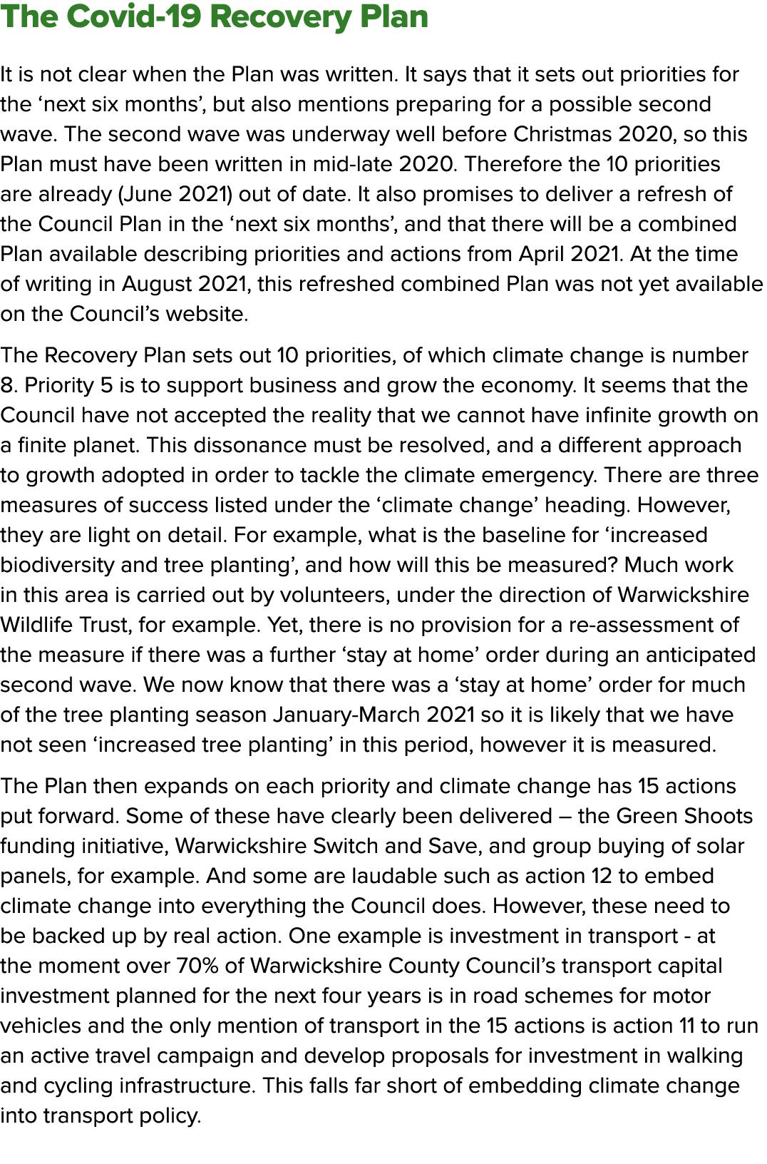 The Covid-19 Recovery Plan It is not clear when the Plan was written  It says that it sets out priorities for the  ne   